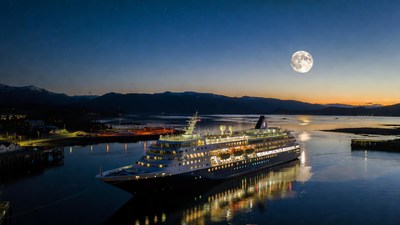 Cruise Ship Docked at Night with Moon