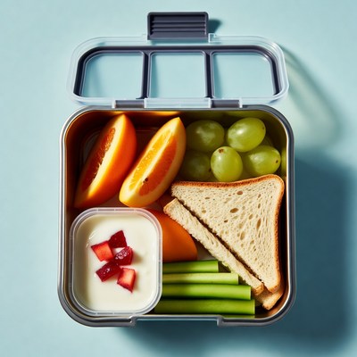 Open Bento Box with Sandwich and Fruit