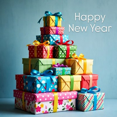 Happy New Year Stacked Colorful Gifts