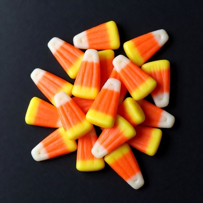 Candy corn pile on black background