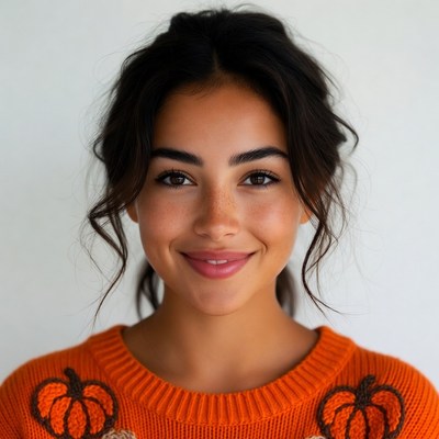 Smiling woman in orange pumpkin sweater