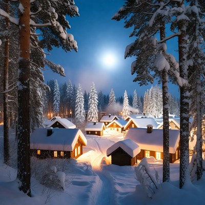 Snowy Cabins Under Moonlit Pines