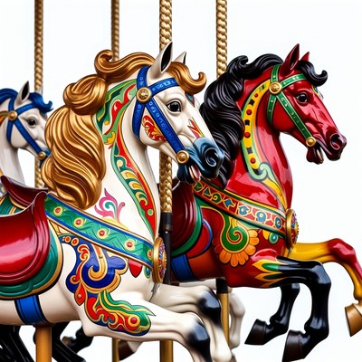 Colorful Carousel Horses on White Background