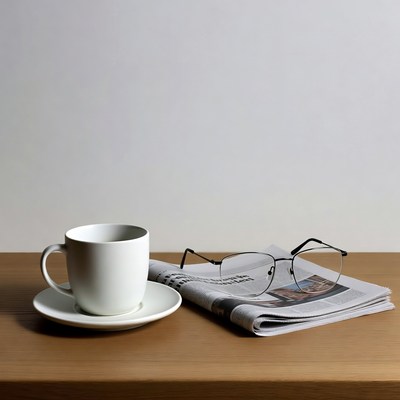 White coffee cup with newspaper and glasses