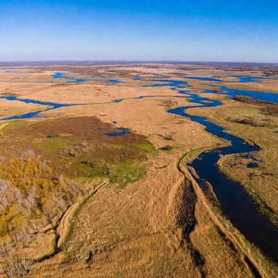 Aerial view of winding river in wetlands