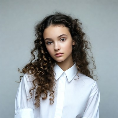 Teen girl with curly hair in white shirt