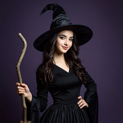 Young woman in black witch costume