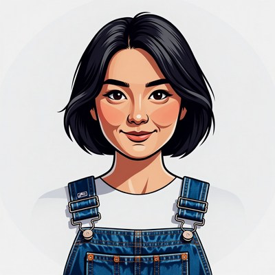 Asian woman in denim overalls