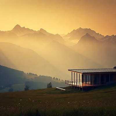 Modern House on Mountain Meadow at Sunset