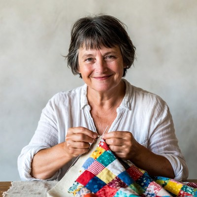 Woman sewing colorful quilt