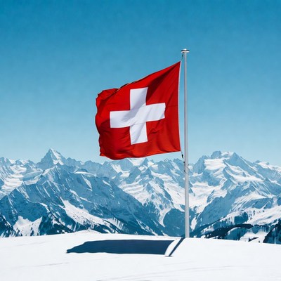 Swiss Flag on Pole in Snowy Mountains