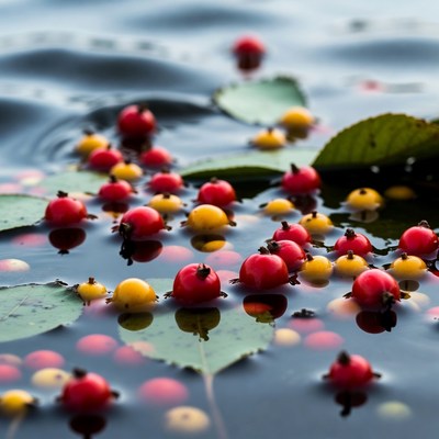 Red and yellow berries floating on water