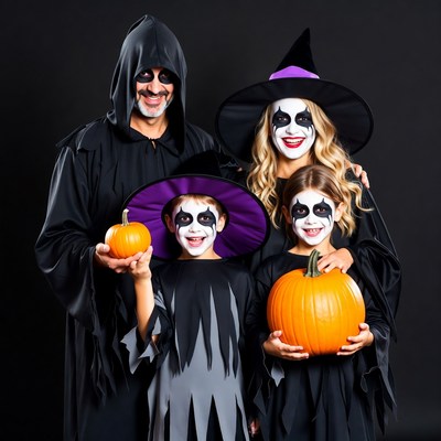 Family in Halloween costumes with pumpkins