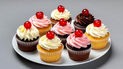 Cupcakes with Cherries on Plate