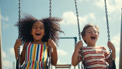 Black boy and girl laughing on swings