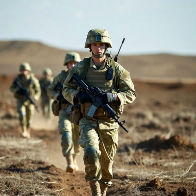 Soldiers marching in desert terrain