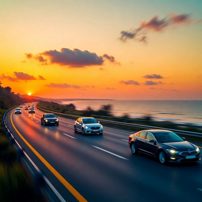 Cars Driving Coastal Highway at Sunset