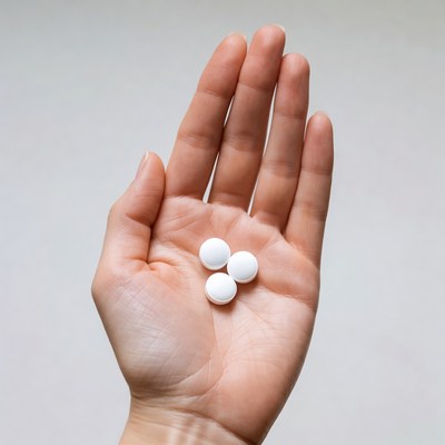 Hand holding three white pills