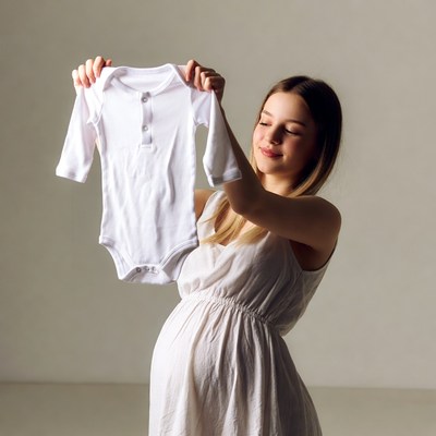 Pregnant woman holding baby onesie