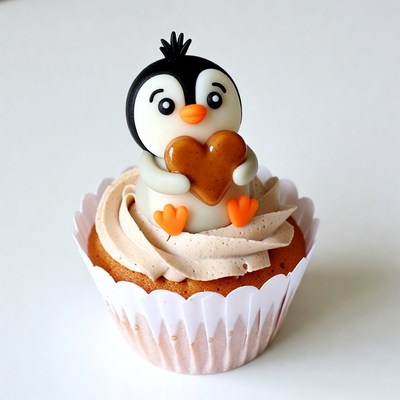Penguin holding heart cupcake