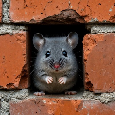 Gray mouse peeking from brick wall