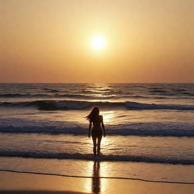 Woman silhouette at sunset beach