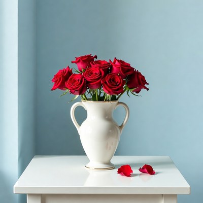 Red Roses in White Vase