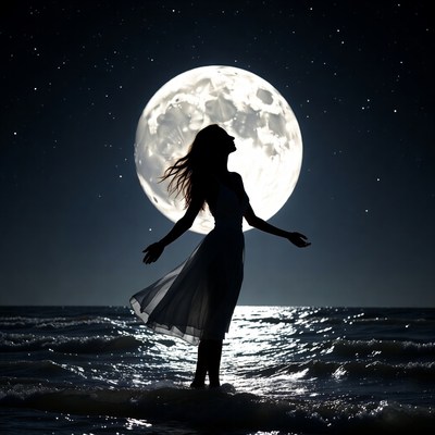 Silhouette woman arms outstretched full moon ocean