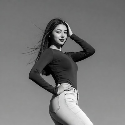 Asian woman posing with hand on head