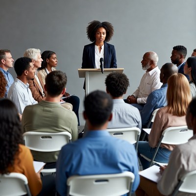 African-American woman speaking at podium