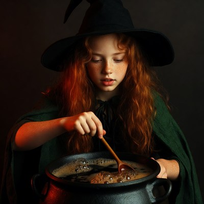 Red-haired girl stirring witch cauldron