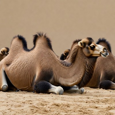 Two Camels Resting in Desert Sand