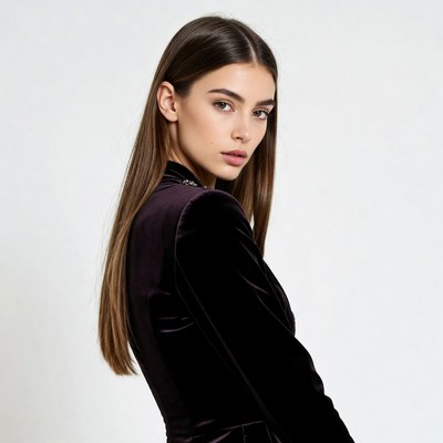 Woman in purple velvet blazer