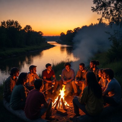 Group roasting marshmallows around campfire