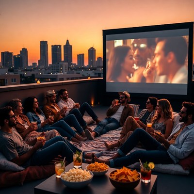 Friends watching movie on rooftop sunset