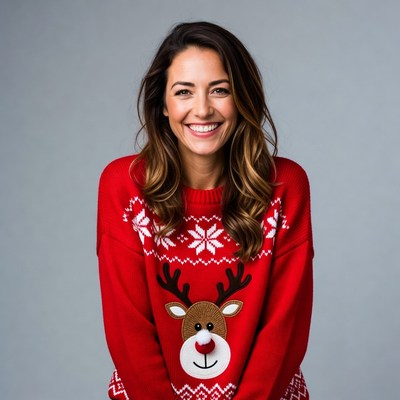 Woman smiling in reindeer Christmas sweater