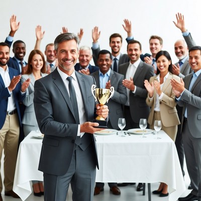Man holding trophy with cheering team
