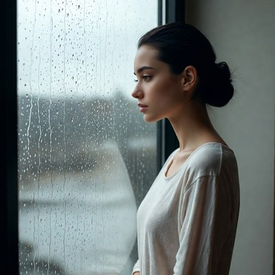 Woman gazing out rainy window