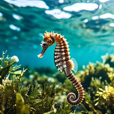 Seahorse among underwater seagrass