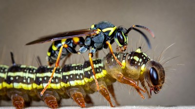 Wasp Parasitizing Caterpillar