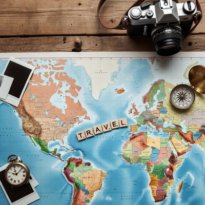 Vintage camera on world map