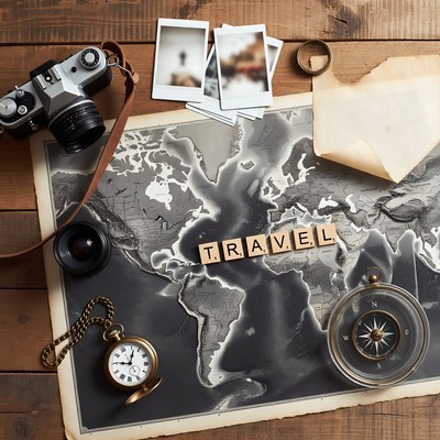 Travel flat lay with camera and map