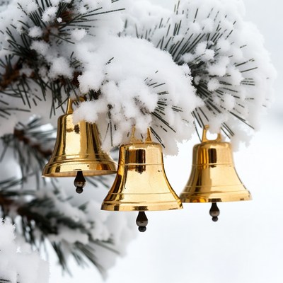 Golden bells on snowy pine branch