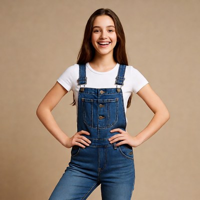 Teen girl smiling in denim overalls
