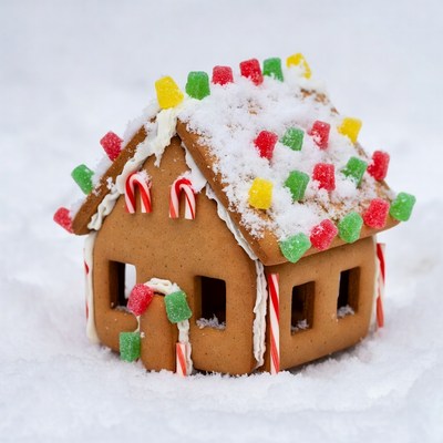Gingerbread house with candy on snow