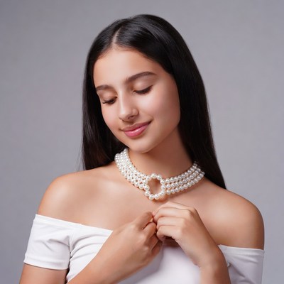 Young woman wearing pearl necklace