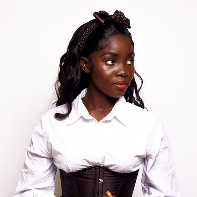African-American woman in white shirt and corset