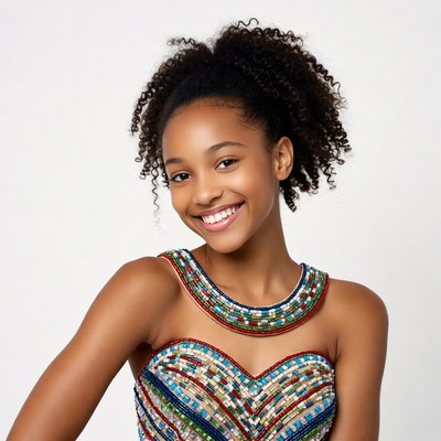 Smiling African-American girl in beaded dress