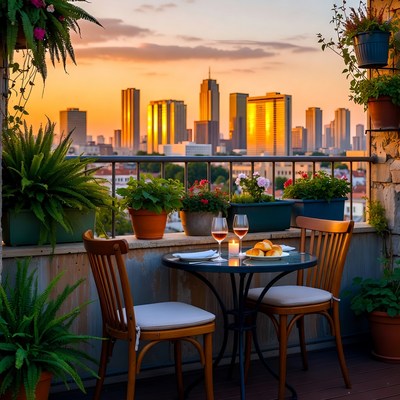 Romantic Sunset Balcony Dinner City Skyline