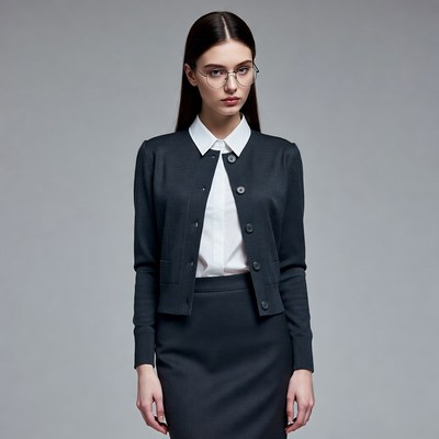 Woman in navy cardigan and skirt